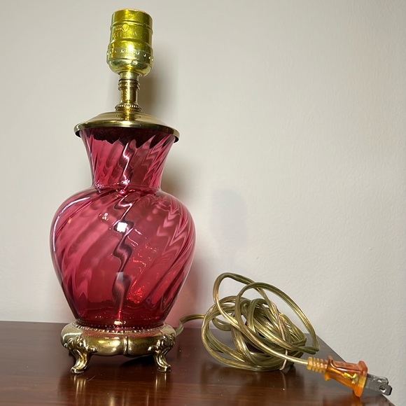 Vintage Other - Vintage pink cranberry glass swirl optic gold brass footed pedestal desk lamp